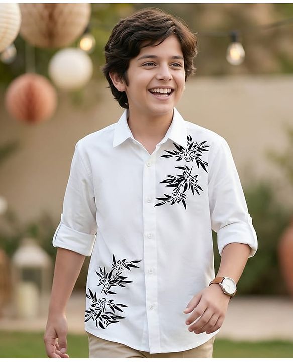 Pine Kids Cotton Woven Full Sleeves Party Shirt With Leaf Print - White