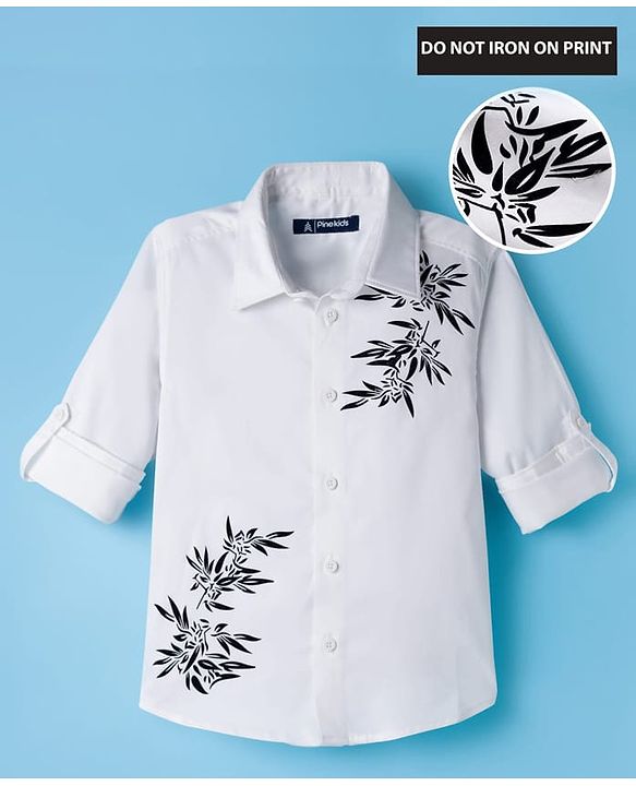 Pine Kids Cotton Woven Full Sleeves Party Shirt With Leaf Print - White