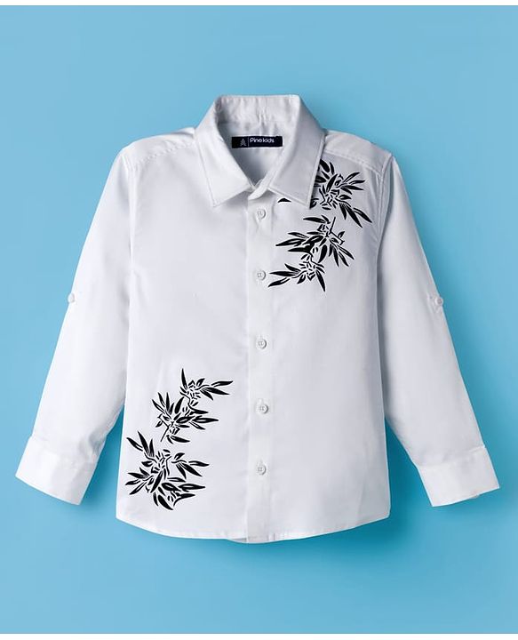 Pine Kids Cotton Woven Full Sleeves Party Shirt With Leaf Print - White