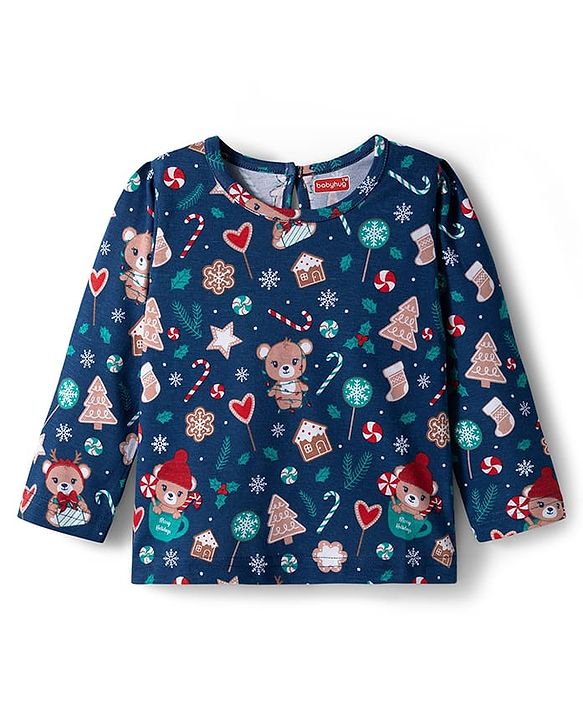 Babyhug 100% Cotton Knit Full Sleeves T-Shirts with Snowflakes & Reindeer Print Pack of 3 - Green Red & Navy Blue
