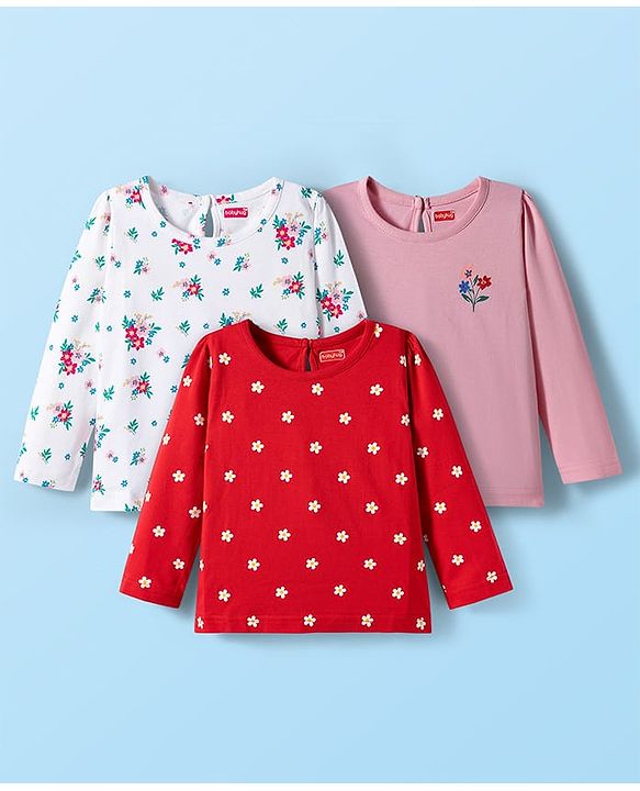 Babyhug 100% Cotton Knit Full Sleeves T-Shirts with Floral Print Pack of 3 - Red White & Pink