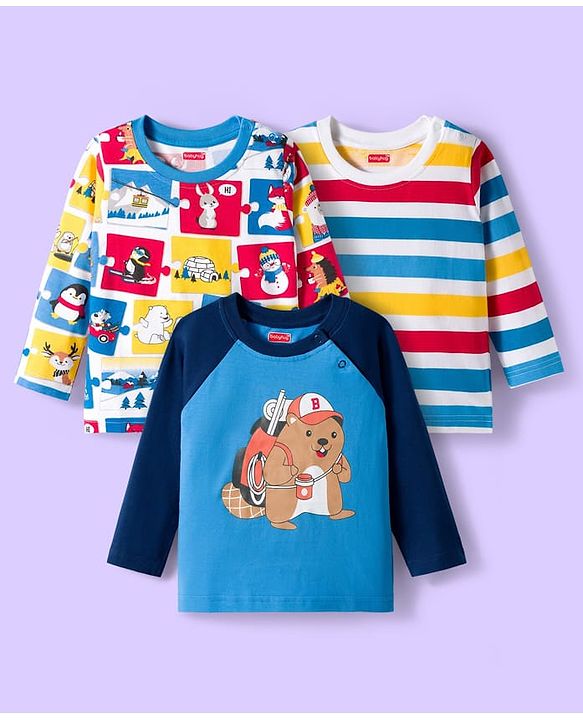 Babyhug 100% Cotton Knit Full Raglan Sleeves T-Shirts with Stripes & Animal Print Pack of 3 - White & Blue