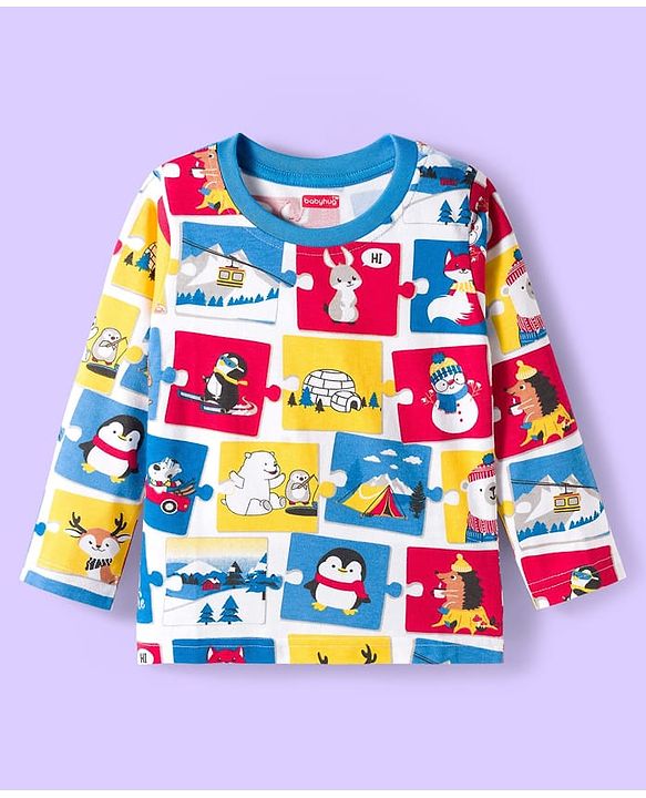 Babyhug 100% Cotton Knit Full Raglan Sleeves T-Shirts with Stripes & Animal Print Pack of 3 - White & Blue