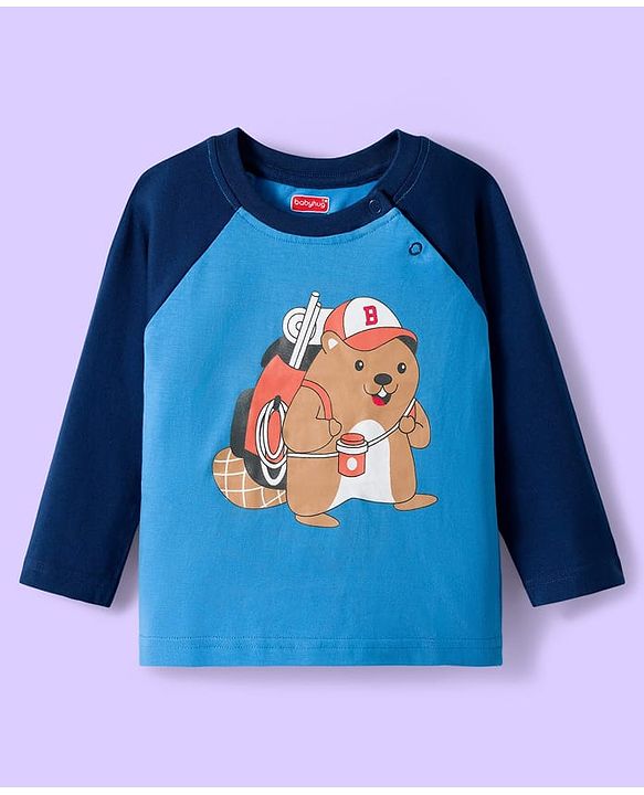Babyhug 100% Cotton Knit Full Raglan Sleeves T-Shirts with Stripes & Animal Print Pack of 3 - White & Blue