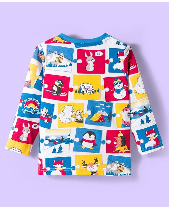 Babyhug 100% Cotton Knit Full Raglan Sleeves T-Shirts with Stripes & Animal Print Pack of 3 - White & Blue