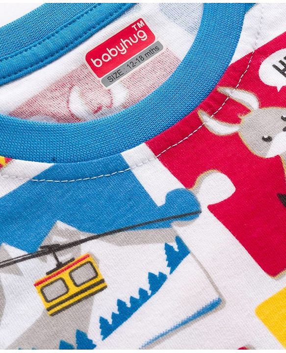 Babyhug 100% Cotton Knit Full Raglan Sleeves T-Shirts with Stripes & Animal Print Pack of 3 - White & Blue