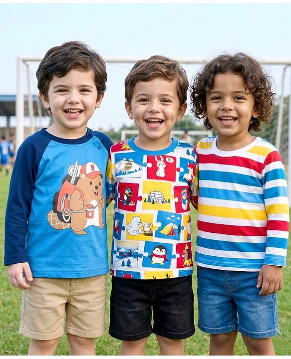Babyhug 100% Cotton Knit Full Raglan Sleeves T-Shirts with Stripes & Animal Print Pack of 3 - White & Blue