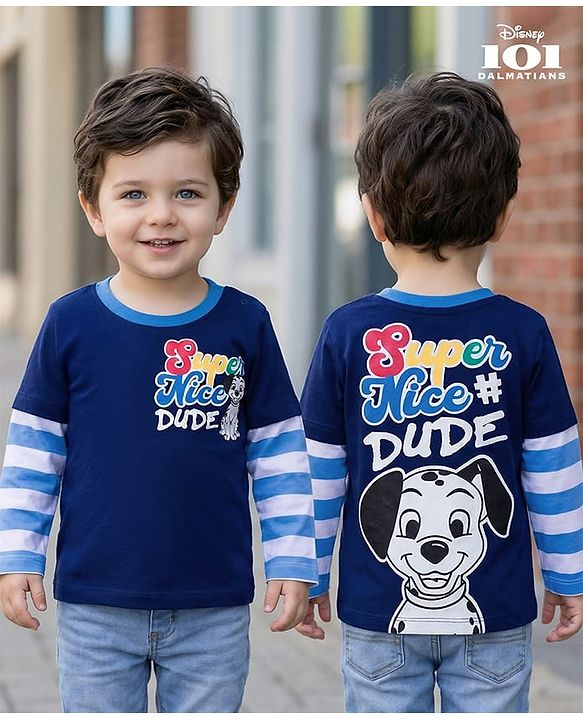 Babyhug Disney Single Jersey Knit Full Doctor Sleeves Oversized T-Shirt with 101 Dalmatians Front & Back Graphic - Navy Blue
