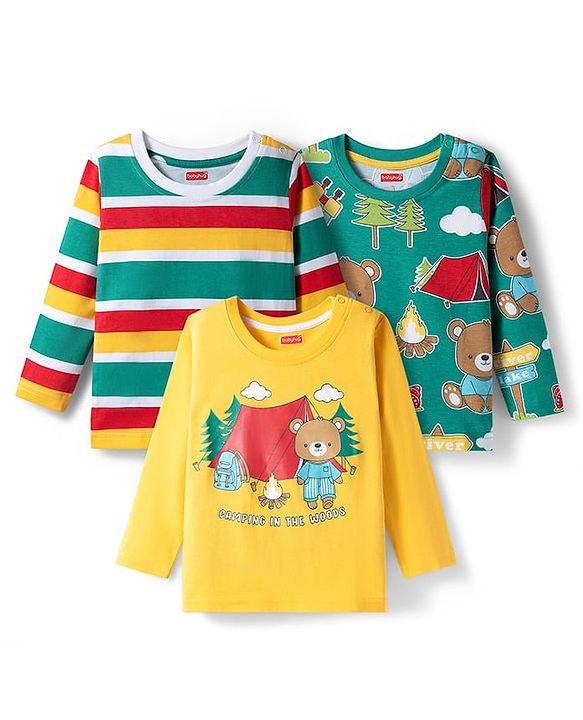 Babyhug 100% Cotton Knit Full Sleeves T-Shirts with Stripes & Animal Print Pack of 3 - Green & Yellow