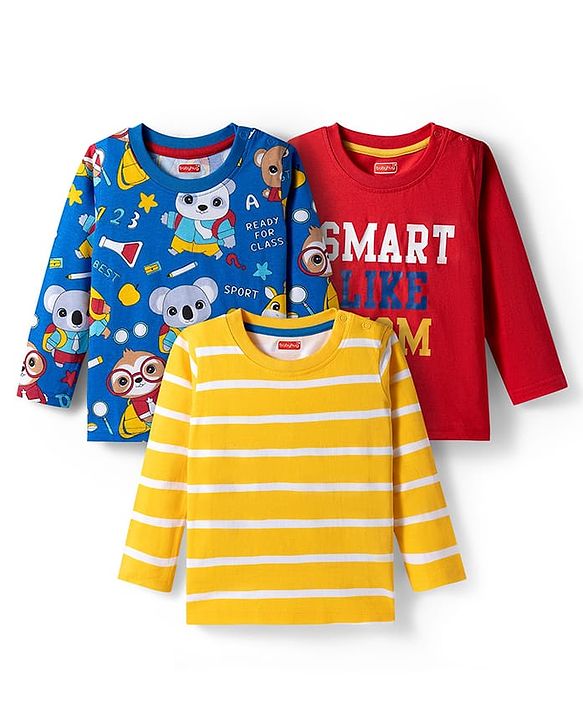 Babyhug 100% Cotton Knit Full Sleeves T-Shirts with Stripes & Animal Print Pack of 3 - Blue Red & Yellow