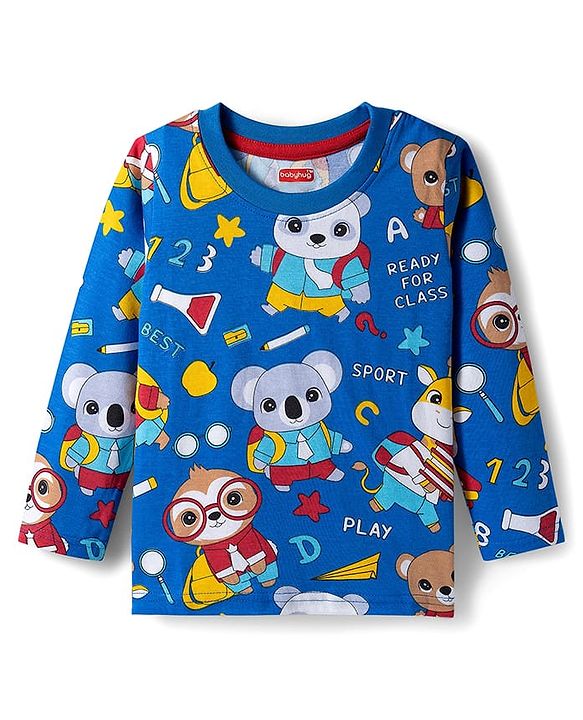 Babyhug 100% Cotton Knit Full Sleeves T-Shirts with Stripes & Animal Print Pack of 3 - Blue Red & Yellow