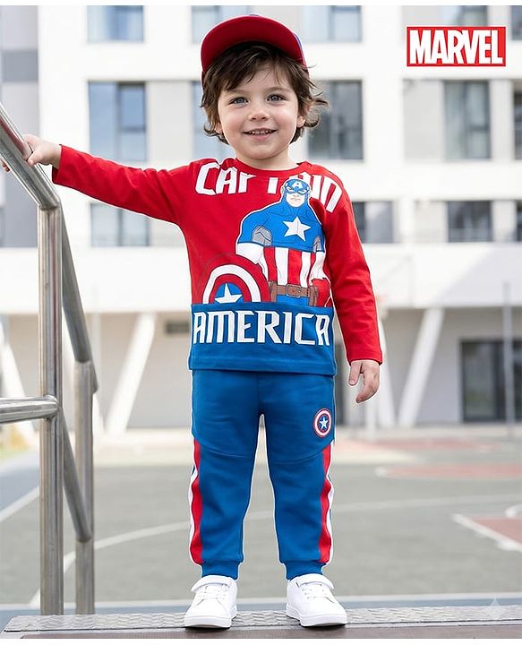 Babyhug Marvel Single Jersey Knit Full Sleeves T-Shirt & Trackpant Set with Captain America Graphic & Badge Detailing - Red & Blue