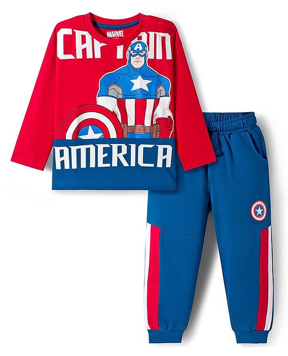 Babyhug Marvel Single Jersey Knit Full Sleeves T-Shirt & Trackpant Set with Captain America Graphic & Badge Detailing - Red & Blue