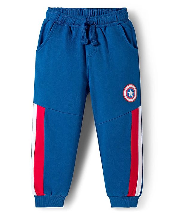 Babyhug Marvel Single Jersey Knit Full Sleeves T-Shirt & Trackpant Set with Captain America Graphic & Badge Detailing - Red & Blue