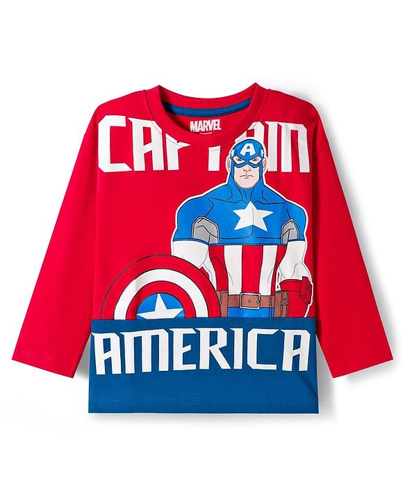 Babyhug Marvel Single Jersey Knit Full Sleeves T-Shirt & Trackpant Set with Captain America Graphic & Badge Detailing - Red & Blue