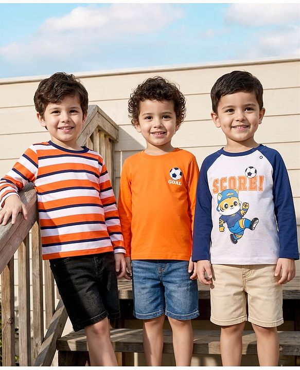 Babyhug 100% Cotton Knit Full Raglan Sleeves T-Shirts with Stripes & Animal Print Pack of 3 - Orange & Navy Blue