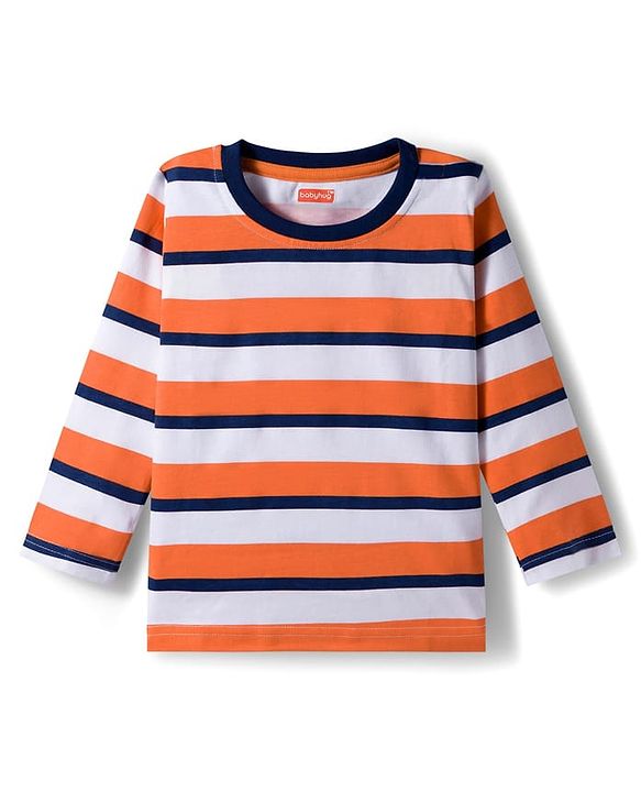 Babyhug 100% Cotton Knit Full Raglan Sleeves T-Shirts with Stripes & Animal Print Pack of 3 - Orange & Navy Blue