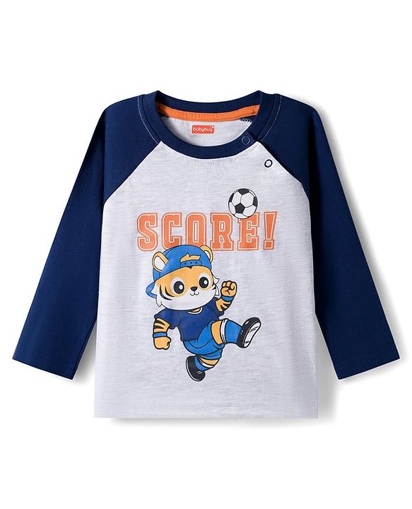 Babyhug 100% Cotton Knit Full Raglan Sleeves T-Shirts with Stripes & Animal Print Pack of 3 - Orange & Navy Blue