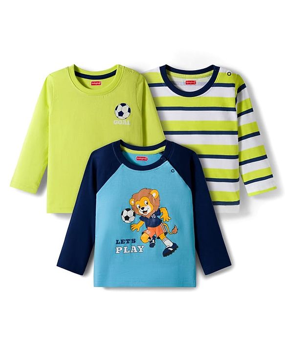 Babyhug 100% Cotton Knit Full Raglan Sleeves T-Shirts with Stripes & Animal Print Pack of 3 - Neon Green & Light Blue