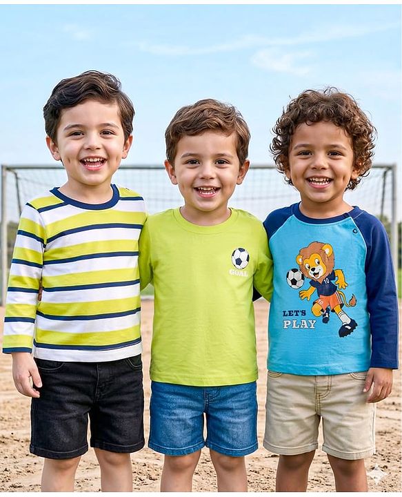 Babyhug 100% Cotton Knit Full Raglan Sleeves T-Shirts with Stripes & Animal Print Pack of 3 - Neon Green & Light Blue
