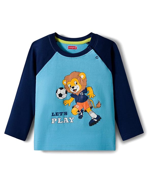 Babyhug 100% Cotton Knit Full Raglan Sleeves T-Shirts with Stripes & Animal Print Pack of 3 - Neon Green & Light Blue