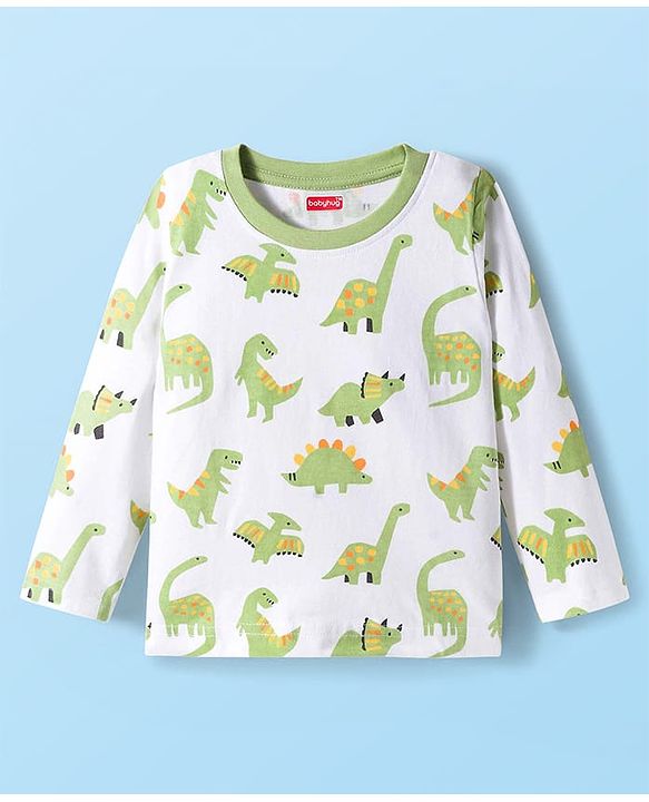 Babyhug 100% Cotton Knit Full Sleeves T-Shirts with Dino Print Pack of 3 - Yellow Light Green & White