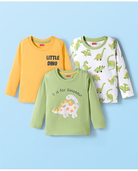Babyhug 100% Cotton Knit Full Sleeves T-Shirts with Dino Print Pack of 3 - Yellow Light Green & White