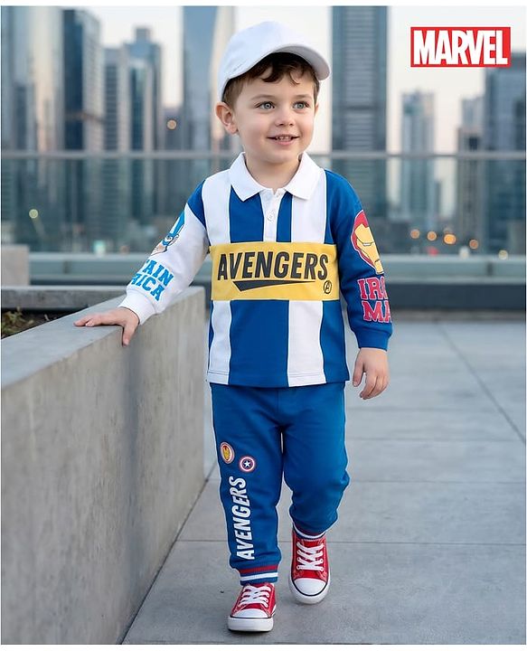 Babyhug Marvel Single Jersey Knit Full Sleeves Cut & Sew Sweatshirt & Trackpant Set with Avengers Graphics - Blue & White