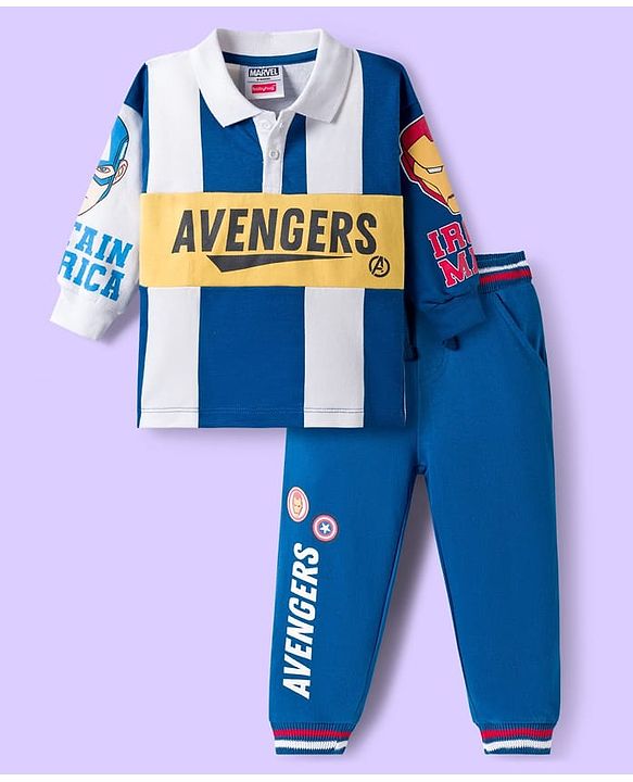Babyhug Marvel Single Jersey Knit Full Sleeves Cut & Sew Sweatshirt & Trackpant Set with Avengers Graphics - Blue & White