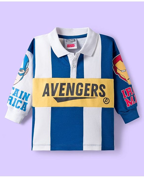 Babyhug Marvel Single Jersey Knit Full Sleeves Cut & Sew Sweatshirt & Trackpant Set with Avengers Graphics - Blue & White