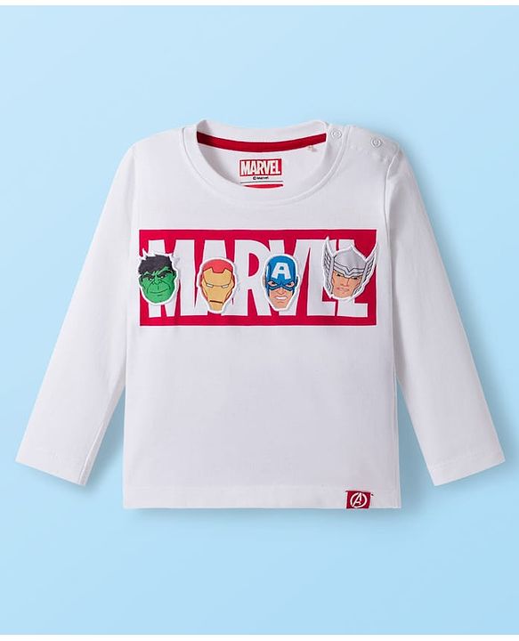Babyhug Marvel Single Jersey Knit Full Sleeves T-Shirt with Avengers Graphic with Badge Detailing - White