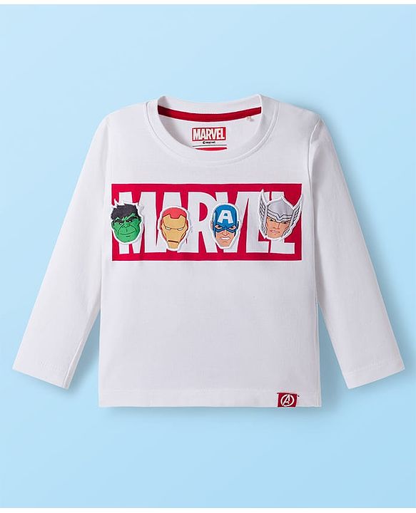 Babyhug Marvel Single Jersey Knit Full Sleeves T-Shirt with Avengers Graphic with Badge Detailing - White