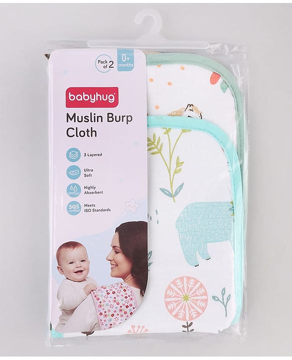 Babyhug 100% Cotton Muslin Burp Cloth Pack of 2  Multicolor| Ultra Soft| High Absorbency| Machine Washable| For Feeding & Diapering| Double Layer