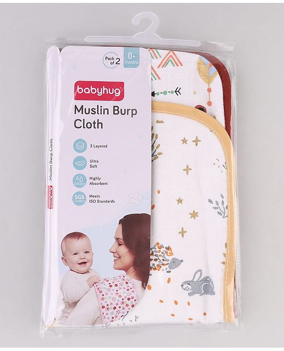 Babyhug 100% Cotton Muslin Burp Cloth Pack of 2  Multicolor| Ultra Soft| High Absorbency| Machine Washable| For Feeding & Diapering| Double Layer