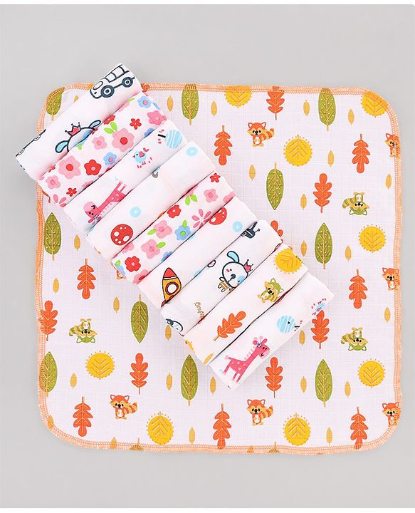 Babyhug 100% Cotton Muslin Burp Cloth Pack of 10  Multicolor| Ultra Soft| High Absorbency| Machine Washable| For Feeding & Diapering