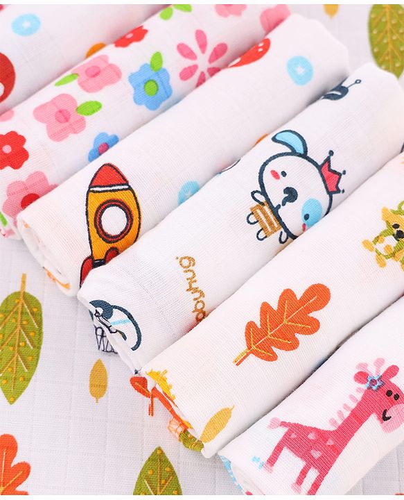 Babyhug 100% Cotton Muslin Burp Cloth Pack of 10  Multicolor| Ultra Soft| High Absorbency| Machine Washable| For Feeding & Diapering