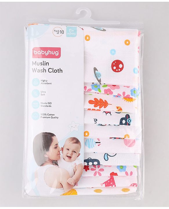 Babyhug 100% Cotton Muslin Burp Cloth Pack of 10  Multicolor| Ultra Soft| High Absorbency| Machine Washable| For Feeding & Diapering