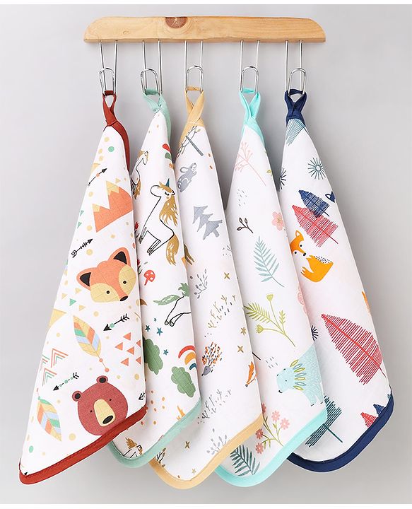Babyhug 100% Cotton Muslin Burp Cloth Pack of 5 -  Multicolor| Ultra Soft| High Absorbency| Machine Washable| For Feeding & Diapering