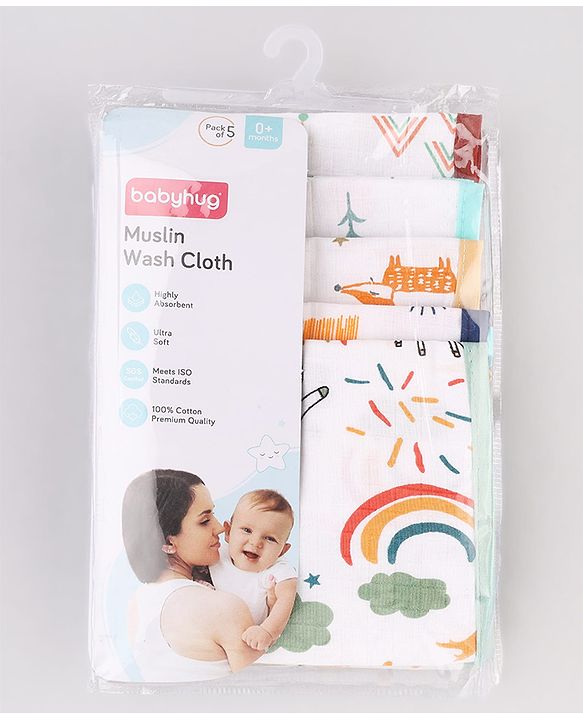 Babyhug 100% Cotton Muslin Burp Cloth Pack of 5 -  Multicolor| Ultra Soft| High Absorbency| Machine Washable| For Feeding & Diapering