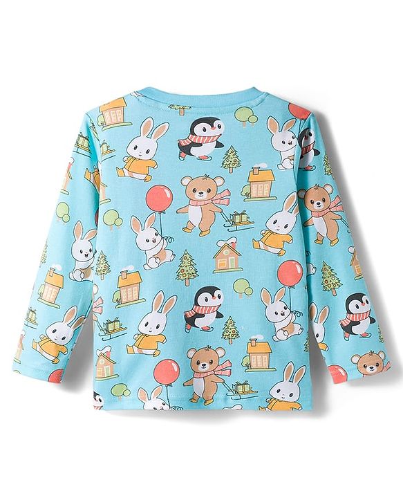 Babyhug 100% Cotton Knit Full Sleeves T-Shirt with Animal Print - Light Blue