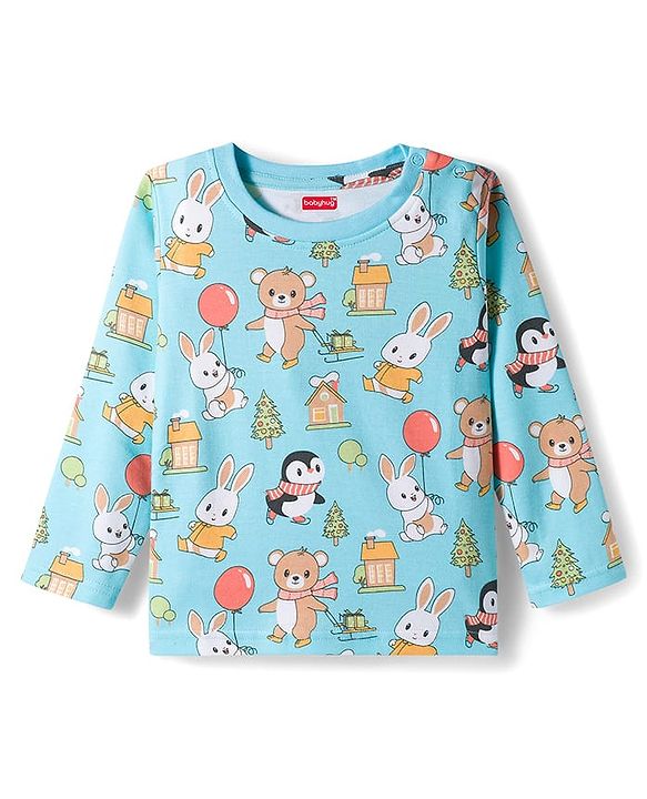 Babyhug 100% Cotton Knit Full Sleeves T-Shirt with Animal Print - Light Blue