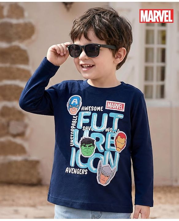 Babyhug Marvel Single Jersey Knit Full Sleeves T-Shirt with Avengers Graphic - Navy Blue