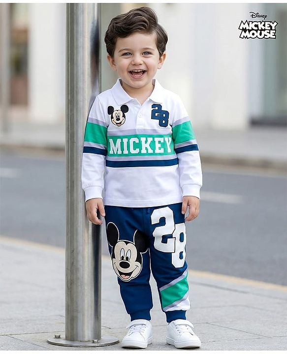 Babyhug Disney Single Jersey Knit Full Sleeves Cut & Sew Polo Neck T-Shirt & Trackpant Set with Mickey Mouse Graphics - White & Navy Blue