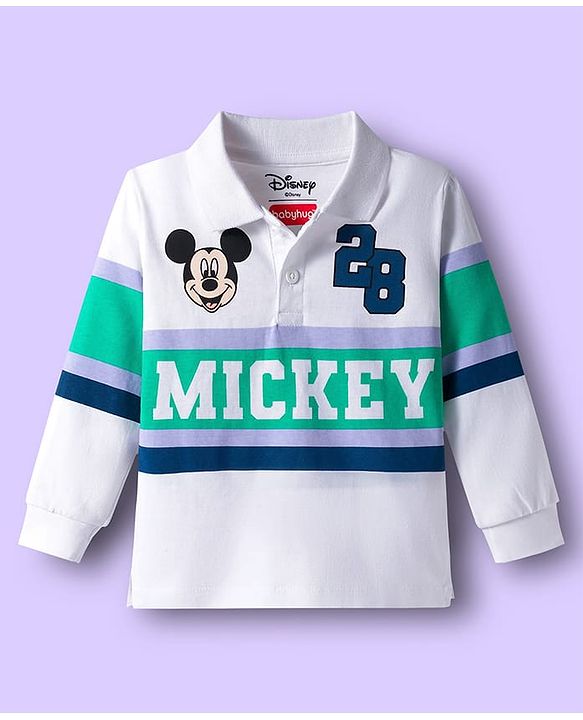 Babyhug Disney Single Jersey Knit Full Sleeves Cut & Sew Polo Neck T-Shirt & Trackpant Set with Mickey Mouse Graphics - White & Navy Blue