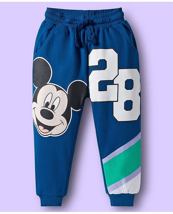 Babyhug Disney Single Jersey Knit Full Sleeves Cut & Sew Polo Neck T-Shirt & Trackpant Set with Mickey Mouse Graphics - White & Navy Blue