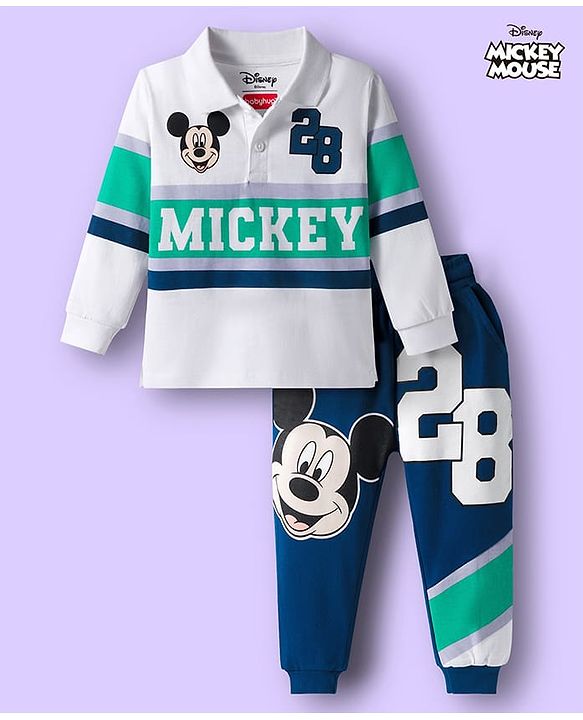 Babyhug Disney Single Jersey Knit Full Sleeves Cut & Sew Polo Neck T-Shirt & Trackpant Set with Mickey Mouse Graphics - White & Navy Blue
