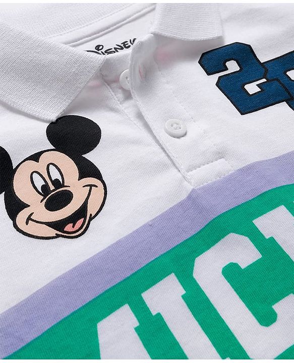 Babyhug Disney Single Jersey Knit Full Sleeves Cut & Sew Polo Neck T-Shirt & Trackpant Set with Mickey Mouse Graphics - White & Navy Blue