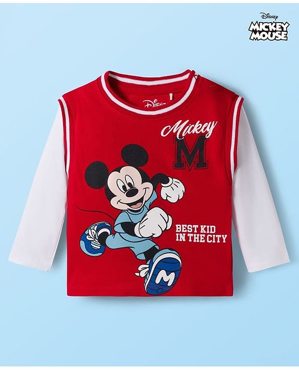 Babyhug Disney Single Jersey Knit Full Sleeves Cut & Sew T-Shirt with Mickey Mouse Graphic - Red & White