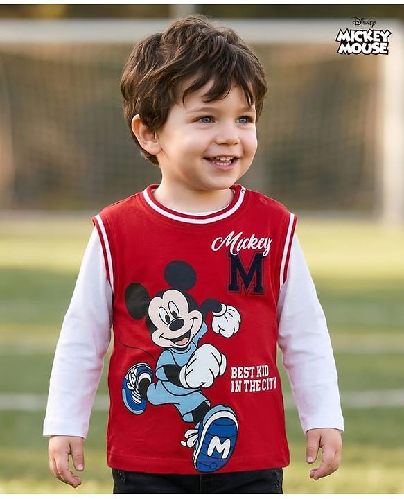 Babyhug Disney Single Jersey Knit Full Sleeves Cut & Sew T-Shirt with Mickey Mouse Graphic - Red & White