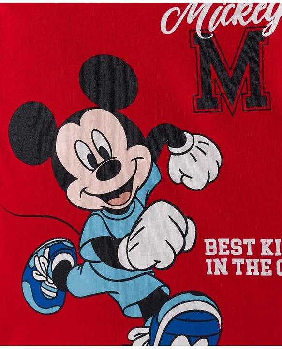 Babyhug Disney Single Jersey Knit Full Sleeves Cut & Sew T-Shirt with Mickey Mouse Graphic - Red & White